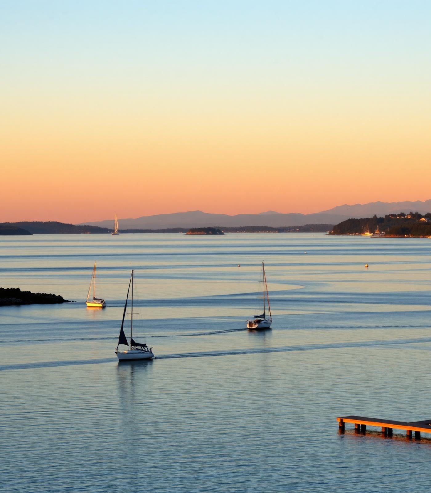 Sailboats on Bellingham Bay at sunset with island silhouettes