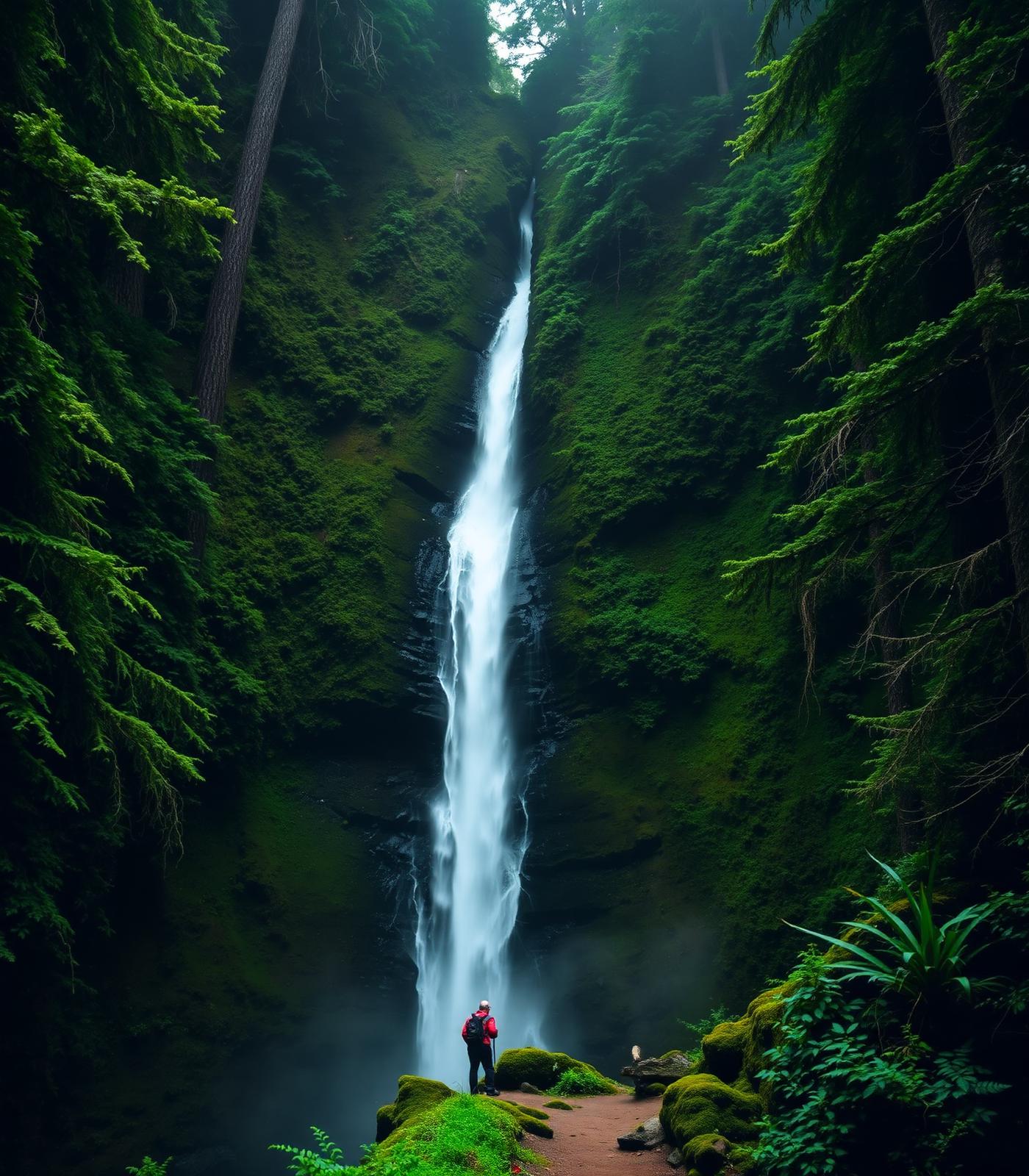 A hiker below a tall waterfall in a mossy North Cascades rainforest