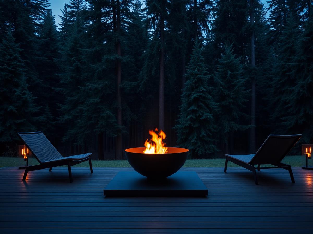 A fire pit burning on a dark deck at dusk with evergreens behind