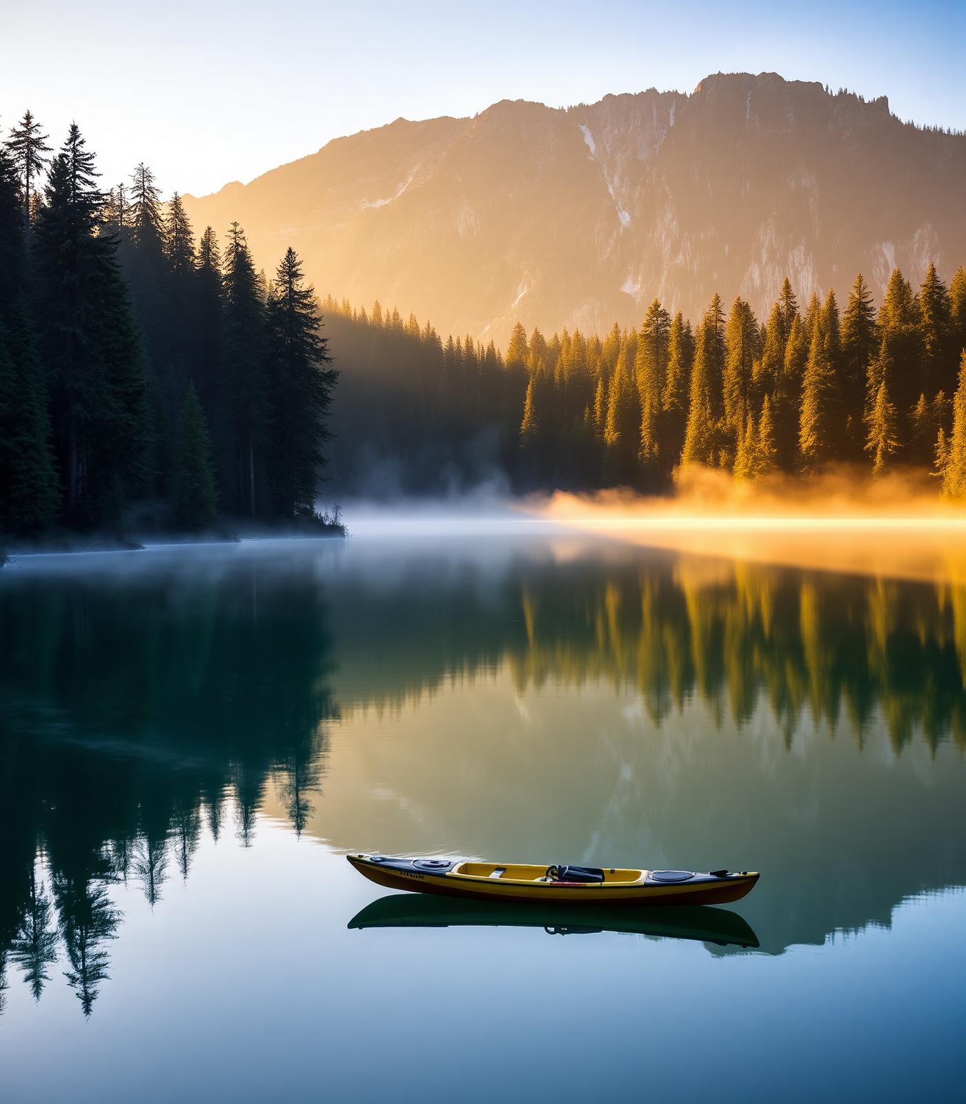 A kayak on a glassy forest lake at sunrise near Maple Falls