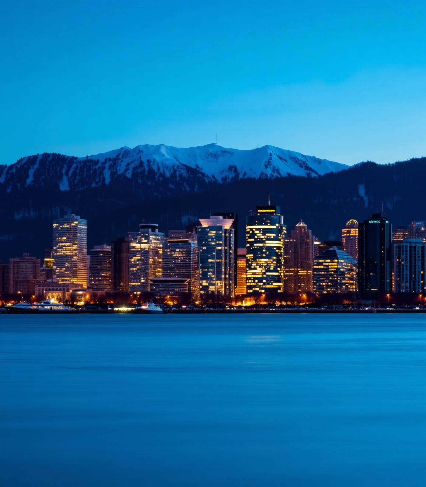 Vancouver BC skyline at blue hour with snowy North Shore mountains behind