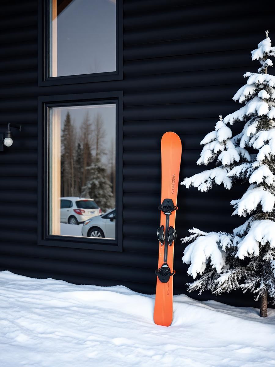 Skis leaning against a dark modern cabin wall in fresh snow